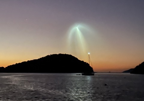 A SpaceX rocket launch is seen on Sunday while looking northwest from Francis Bay on St. John. (Photo by David Wells)