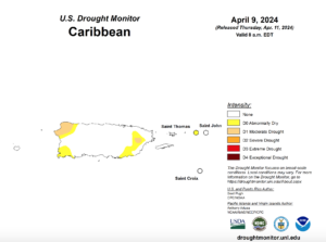 Drought monitor graphic showing the Virgin Islands and Puerto Rico. Drought conditions have improved across both U.S. territories due to recent rain. (Photo courtesy NIDIS)