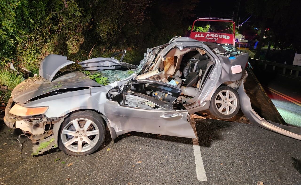 Two people were killed when the driver of this Acura TSX lost control of the vehicle while traveling on Weymouth Rhymer Highway early Tuesday morning on St. Thomas. (VIPD photo)