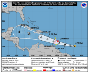 A 5 p.m. update from the NHC on Saturday indicates that Beryl has intensified into a category one hurricane. Additional strengthening is expected, and weather alerts have been issued across portions of the Lesser Antilles. (Photo courtesy NHC)