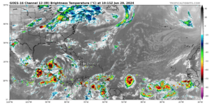 Infrared satellite imagery obtained at 6:15 a.m. on Saturday shows several tropical disturbances being monitored by the NWS. (Photo courtesy TropicalTidbits.com)