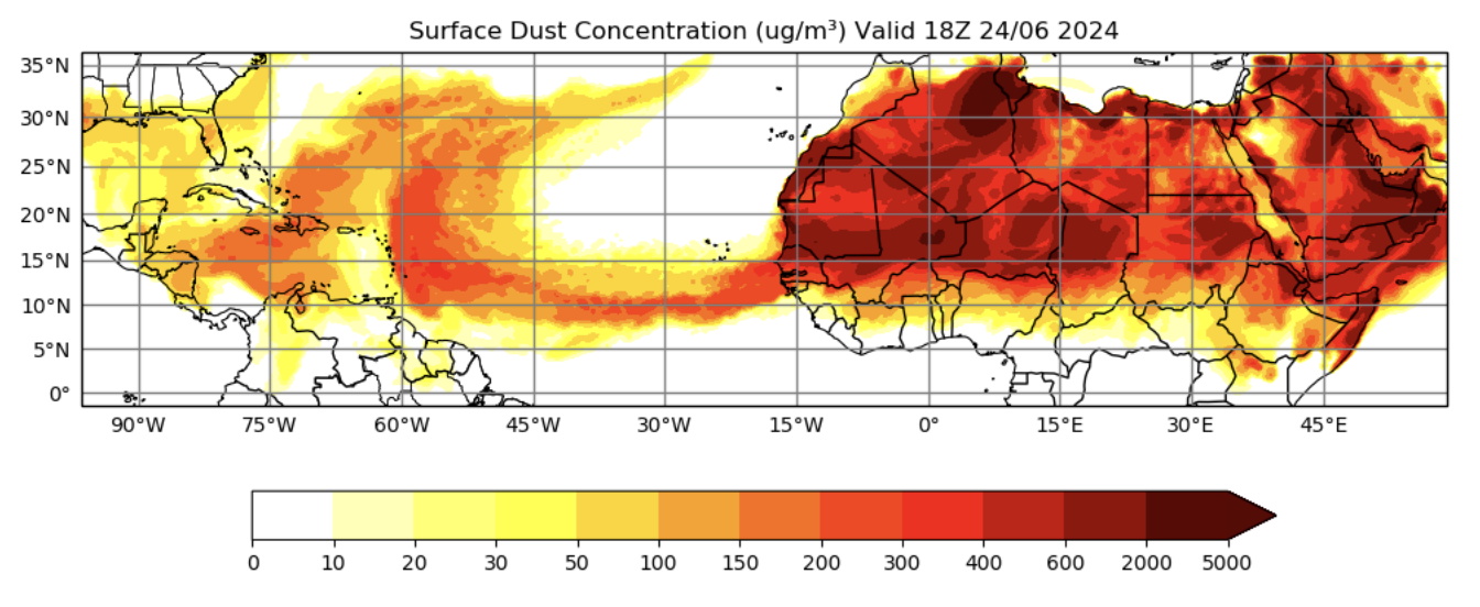 A graphic shows the movement of Saharan dust from Africa to the Caribbean. (Image courtesy Caribbean Institute for Meteorology and Hydrology)