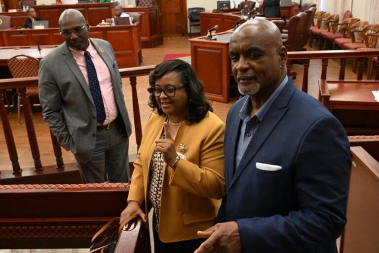 From left, Senate President Novelle Francis, IG Delia Thomas, and Sen. Dwayne DeGraff at Friday’s budget hearing. (Photos by Alvin Burke JR., Mario Fonsica Legislature of the Virgin Islands)