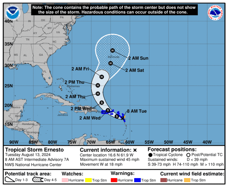 An 8:00 a.m. advisory from the National Hurricane Center shows that Tropical Storm Ernesto has slightly strengthened as it travels toward the USVI and Puerto Rico. (Photo courtesy NHC)