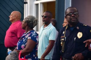 Sen. Marvin A. Blyden, center, listens in as other community leaders address issues surrounding Market Square. (Source photo by Joshua Crawford Barry)