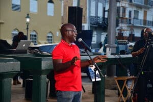 Eloi George, longtime resident, speaks up about changing the bungalow to accommodate vendors better. (Source photo by Joshua Crawford Barry)