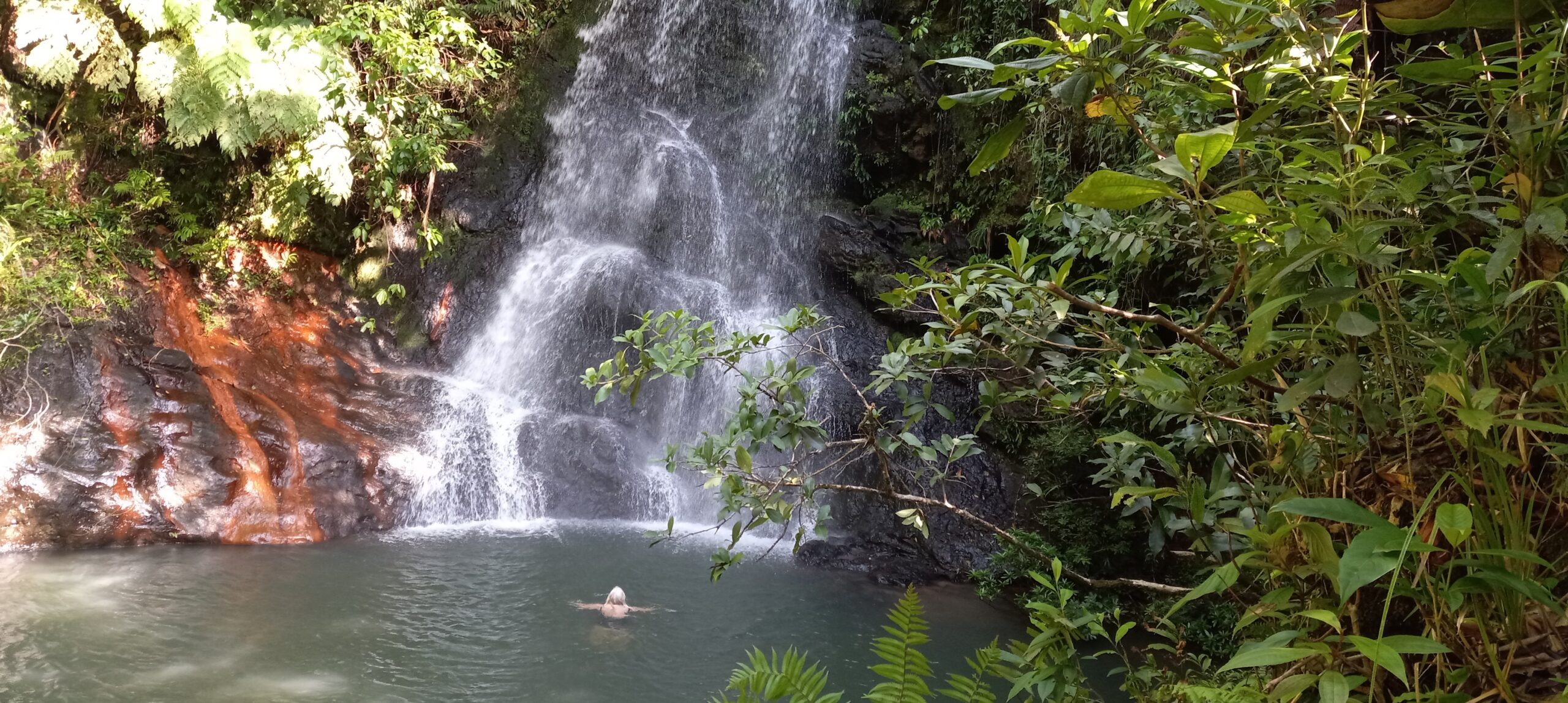 Julie Beberman, a member of the hiking association, was one of the first hikers to enter the beautiful waterfall in the mountains. It was billions of gallons of water flowing from steep slopes high on clifts over a vertical drop or a series of steep drops falling into a clear crystal pool of water and running over rocks into the river. (Photo by Olasee Davis)