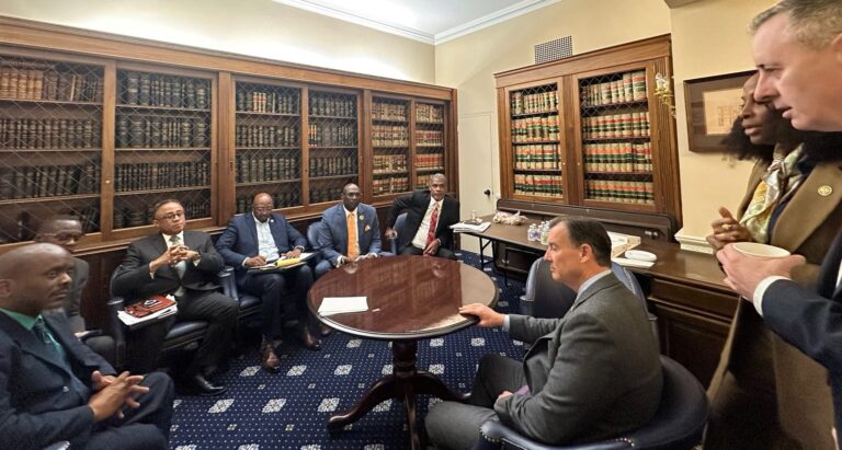 GERS Chairman Dwane Callwood, Sen. Marvin Blyden, GERS Administrator Angel Dawson, Senate President Milton Potter, Sen. Novelle Francis Jr., Sen. Kurt Vialet, Congressman Tom Suozzi (D-NY), Congresswoman Stacey Plaskett and Congressman Brian Fitzpatrick (R-PA) meet in Washington, D.C., this week to discuss issues affecting the U.S. Virgin Islands. (Photo courtesy Delegate Stacey Plaskett’s office)