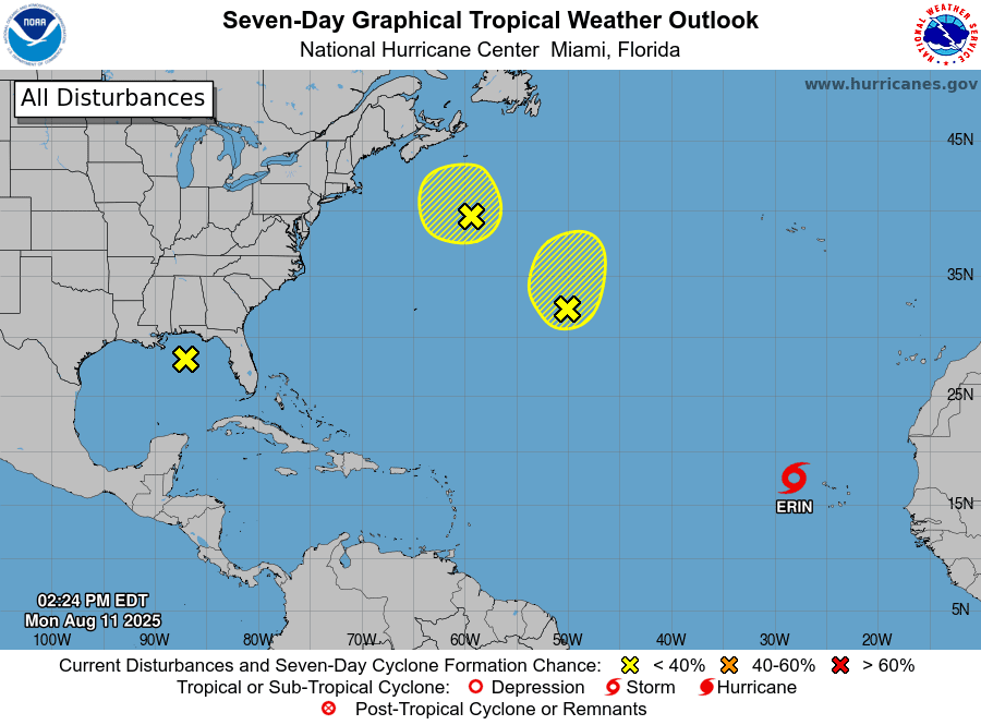The NHC is currently monitoring four areas across the Atlantic basin, including newly formed Tropical Storm Erin. (Photo courtesy NHC)