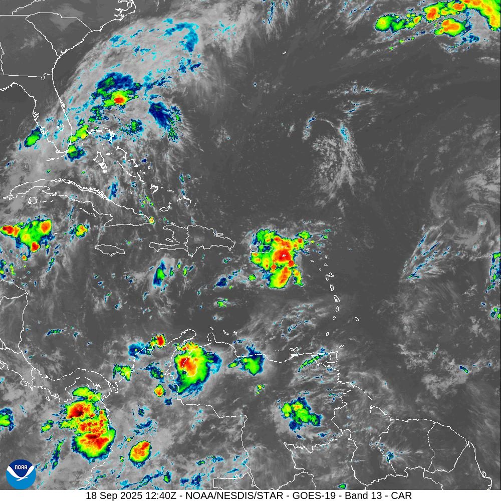 Infrared satellite imagery obtained at 8:40 a.m. on Thursday, Sept. 18. A tropical wave combined with an upper-level trough brought strong thunderstorms and heavy rainfall across portions of the U.S. Virgin Islands on Thursday. (Photo courtesy NOAA)