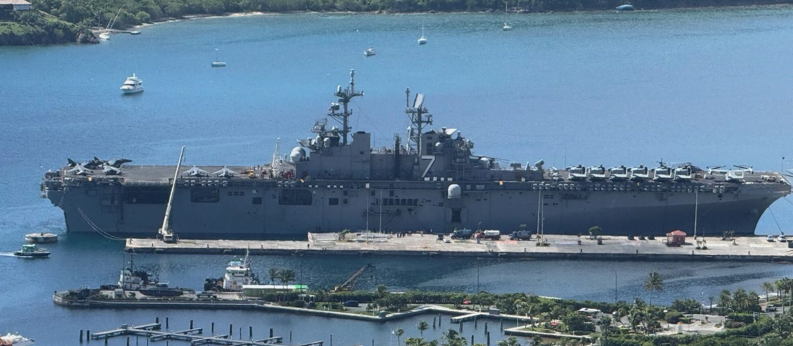 The USS Iwo Jima, an amphibious assault ship of the United States Navy, docks at Crown Bay Friday. (Source photo by Michele Weichman)