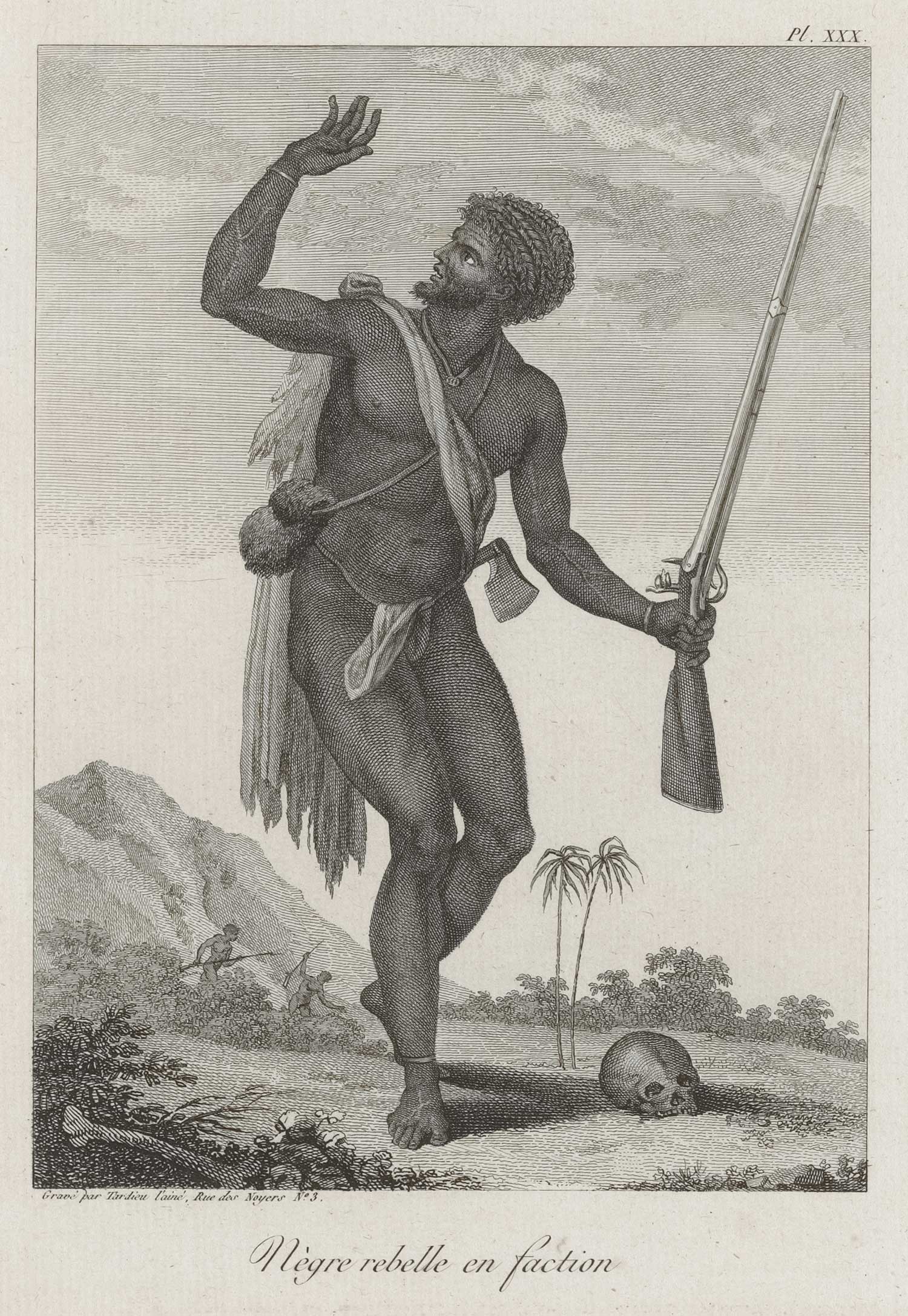 We forget to mention in our Virgin Islands history that Maroons on St. Croix governed themselves for decades before the arrival of the Danish government in 1734. This image depicts a rebelling enslaved African who, after fleeing, is fighting the white colonists. (Credit to William Blake, drawing of a Maroon (1744-1797) )