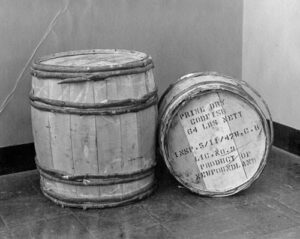 Wooden barrels containing dried salted cod. (Image courtesy Maritime History Archive, Memorial University of Newfoundland)