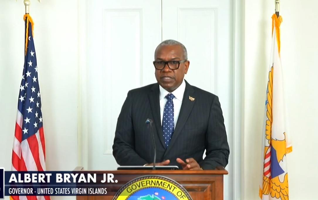 Gov. Albert Bryan Jr. addressed the impact of a US Housing and Urban Development Department funding suspension during a livestreamed briefing Friday morning at Government House on St. Thomas. (Screenshot from Facebook)