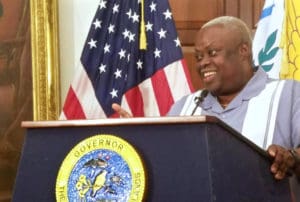 Gov. Kenneth Mapp gives his hurricane recovery update Monday at Government House on St. Croix. (Jamie Leonard photo)